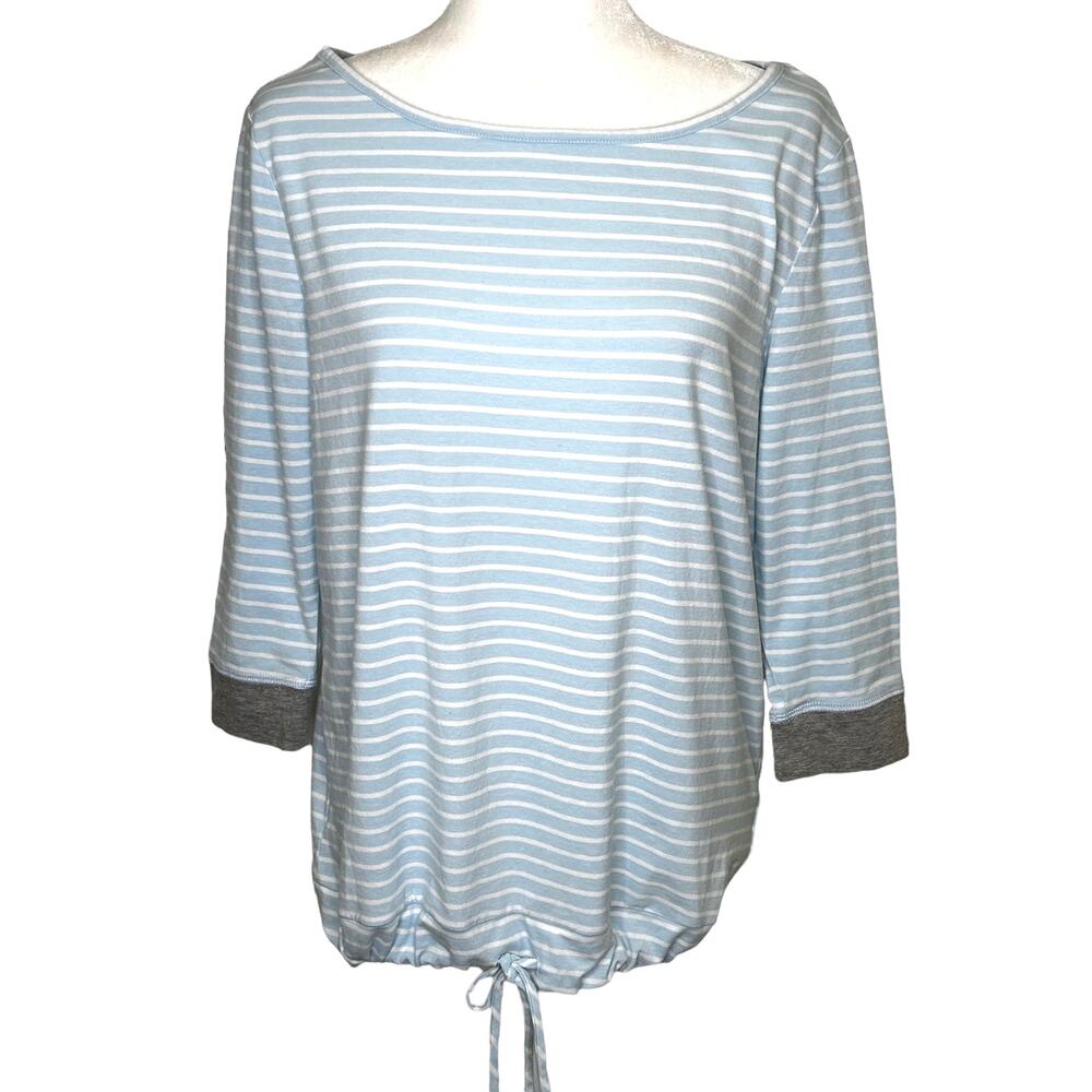 Karen Neuburger Live Love Lounge Blue White Tie Waist 3/4 Sleeve Top - Picture 2 of 9